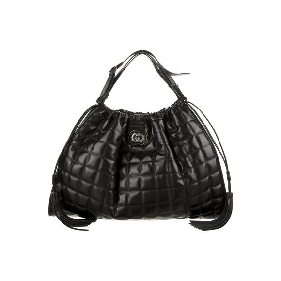 GUCCI Deco Large Camelia Black Quilted Leather Hobo Tote Chain Shoulder Bag - Picture 1 of 9